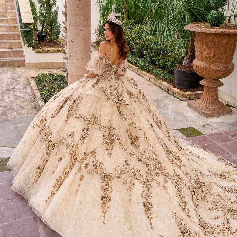 Champagne Shiny Quinceanera Dresses Ball Gown Spaghetti Strap Tulle Appliques Lace Beads Sweet 16 Dress Vestidos De 15 Anos