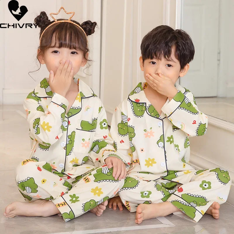 Kids Boys Girls Pajamas Casual Cartoon Long Sleeve Lapel Shirt Tops with Pants Baby Summer Loose Sleeping Homewear 240921