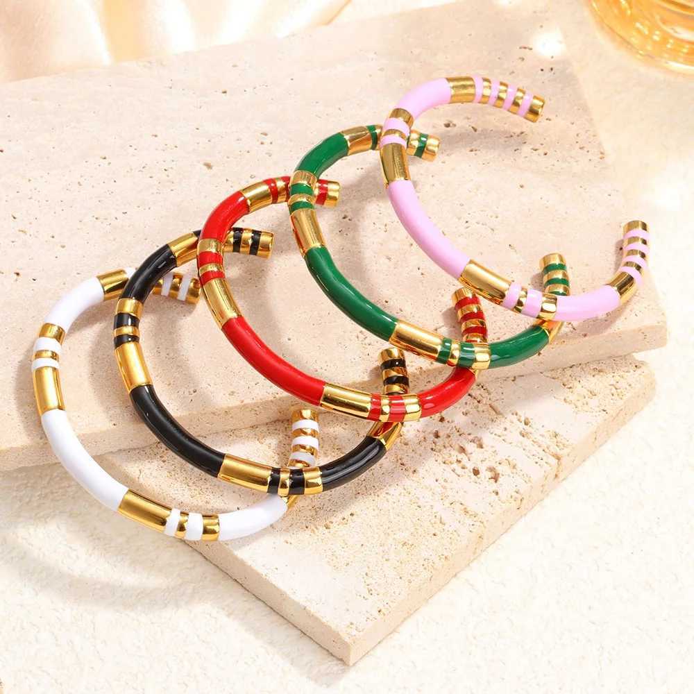 Retro bamboo oil dripping C-shaped enamel bracelet for women stainless steel open bracelet high-end giftX240925