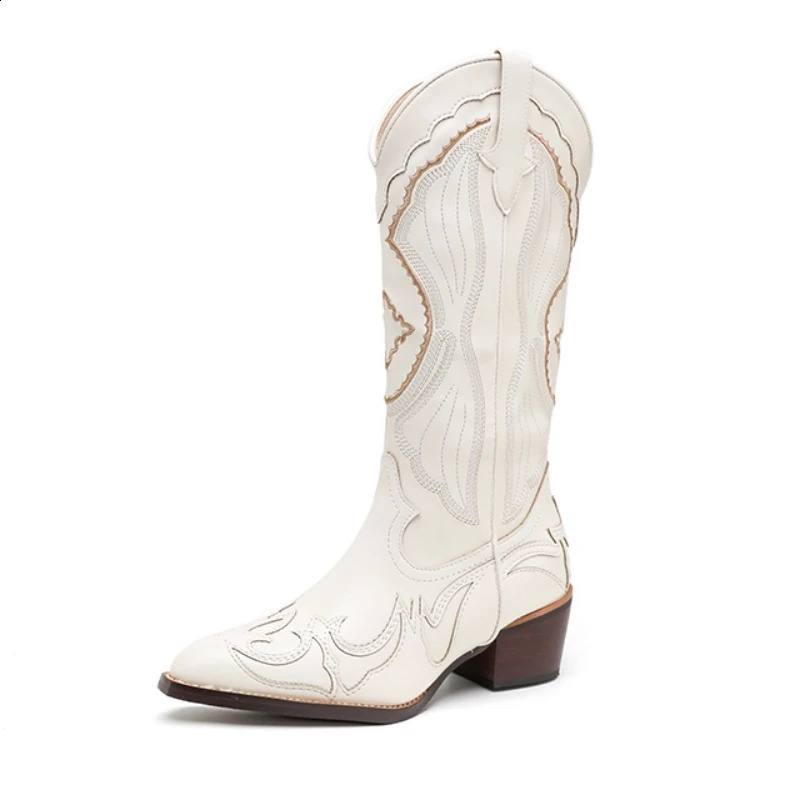 White Embroidered Western Cowboy Boots Winter Leather High Heels Womens Pointed Toe Botas Inkless Shoes 241028