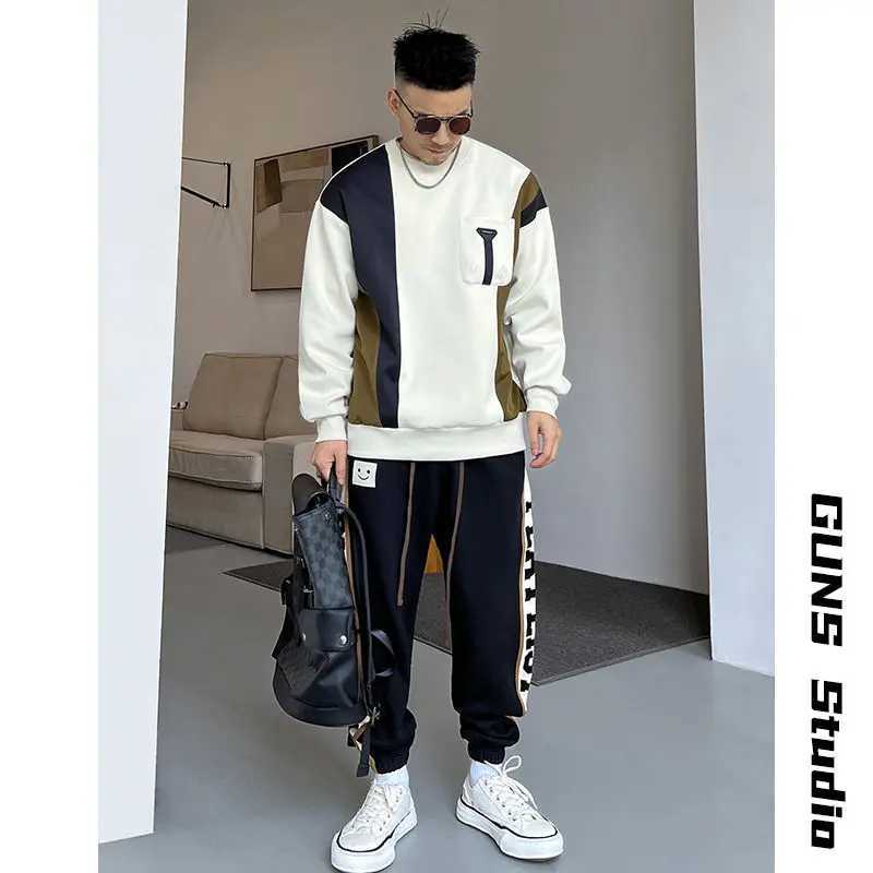Spring Autumn New Fashion Solid Color Patchwork Hoodies Casual Loose Pullovers Korean Round Neck Long Sleeve Chaopai SweatshirtsX240925