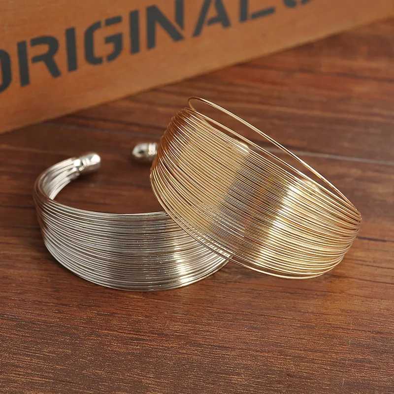 Vintage Gold Color Multi-Layer Opening Wide Cuff Bracelet For Women Punk Metal Adjustable Personality Bracelet Jewelry GiftsX240925