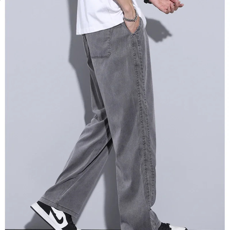 Summer Ultra Thin Lyocell Mens Loose Jeans Elastic Straight Pull Wide Leg Casual Denim Pants 240925