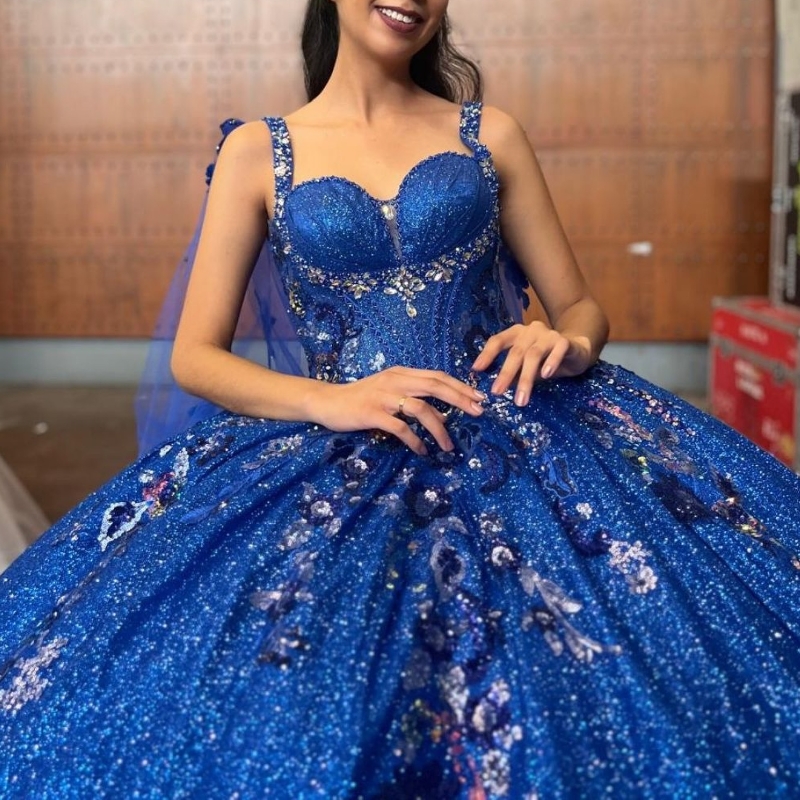 Royal Blue Ball Gown Quinceanera Dresses Spaghetti Strap Beaded Appliques Crystals Sweet 16 Birthday Party Lace-Up Vestidos De 15 Anos