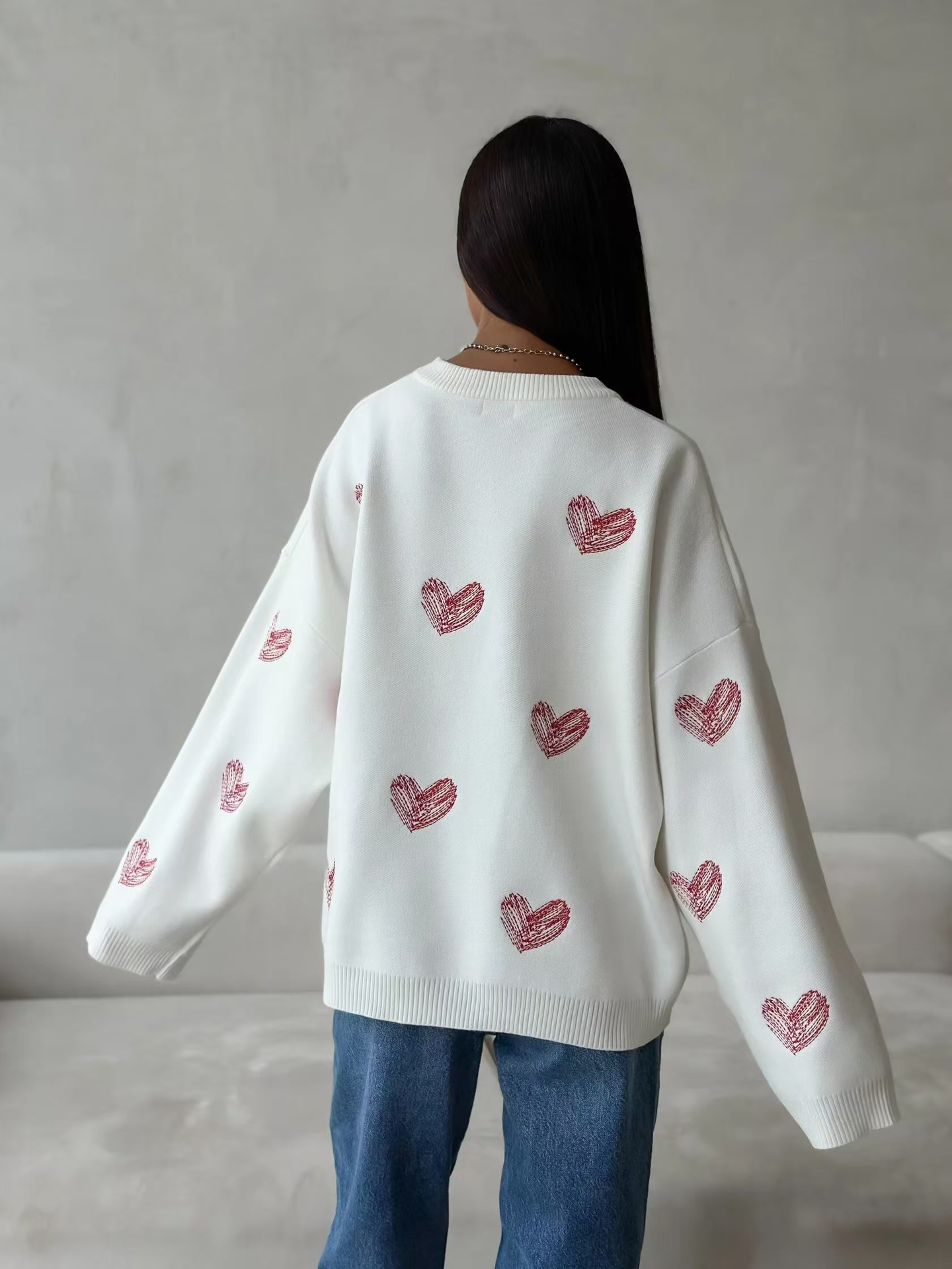 Women's Sweaters Round Neck Heart Sweater Knitted Pullover Long Sleeves Lazy Wind Tops Vintage Christmas Clothes