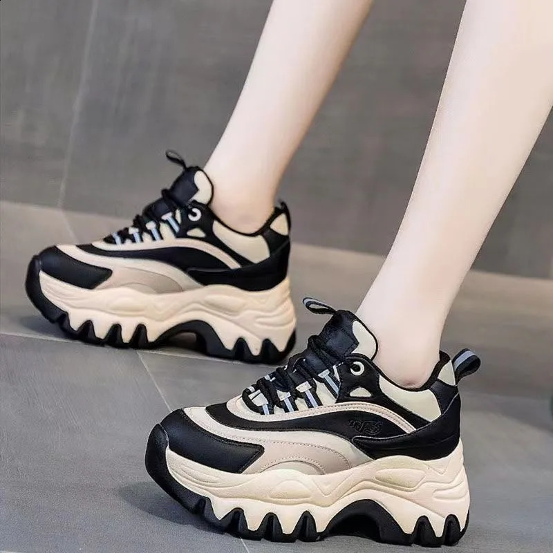 Sneakers Women Casual White Shoes 8CM Fashion Height Increasing Thick Bottom Spring Platform Leather Woman Chunky Sneakers 240924