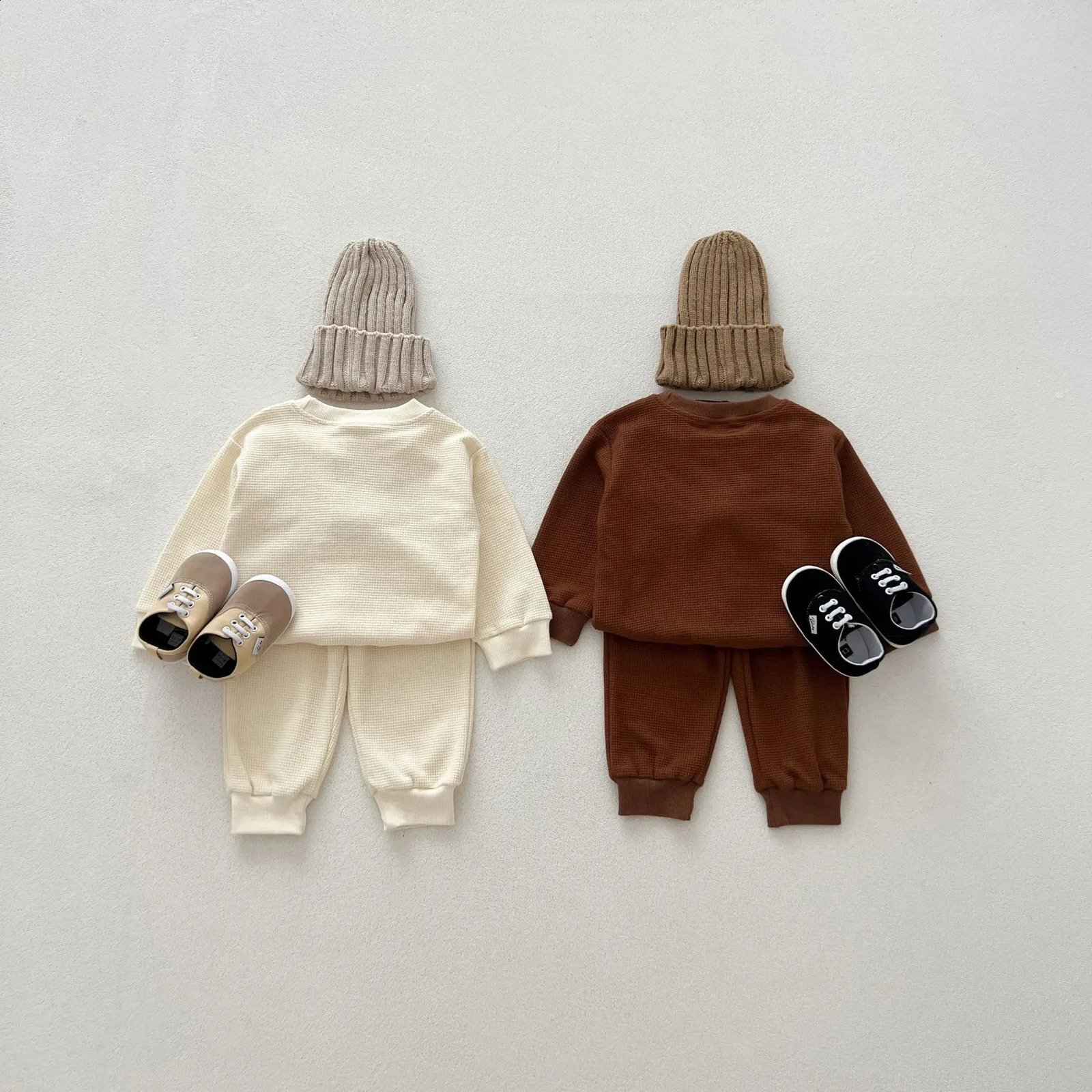 Korean Autumn Baby Boy 2PCS Clothing Set Cartoon Bear Pocket Waffle Zipper Cotton Pants Preschool 240925