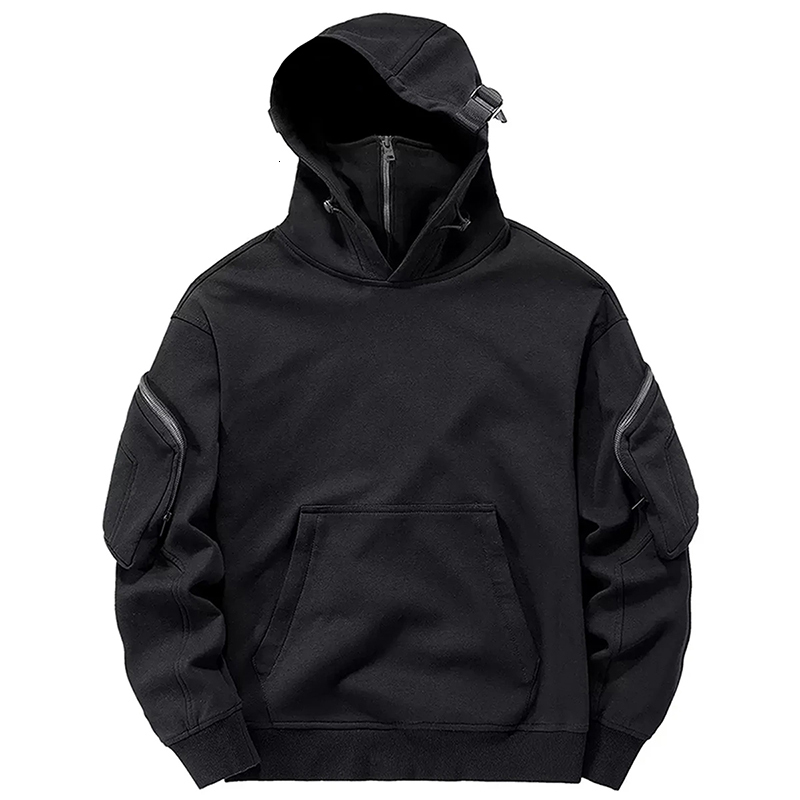 Men's Techwear Zip Up Hoodies Dark Souls Cyberpunk Sweater High Neck Mask Windproof Hoodie Dark Black Cargo Top