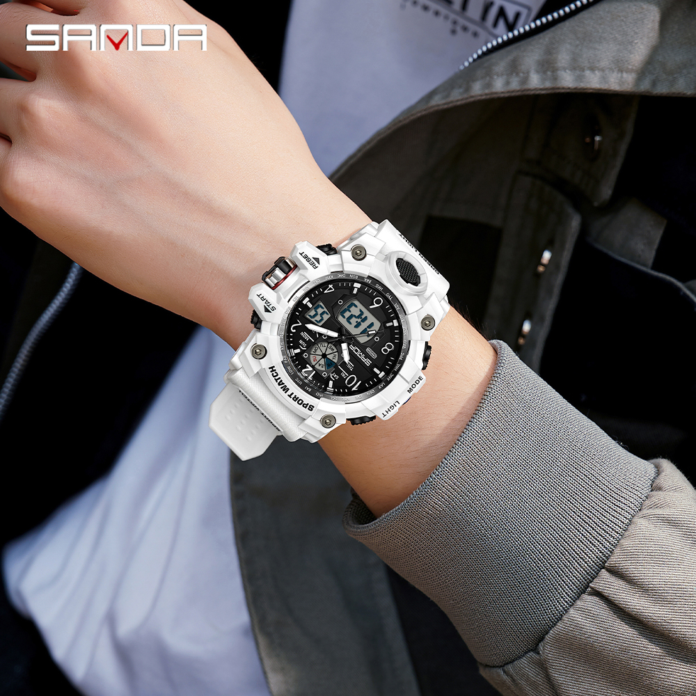 SANDA 3169 New Fashionable Casual Watch for Men, Digital Dual Time Zone, Weekly Gold Sport, 5bar Waterproof Quartz Watch, Relogio Masculino