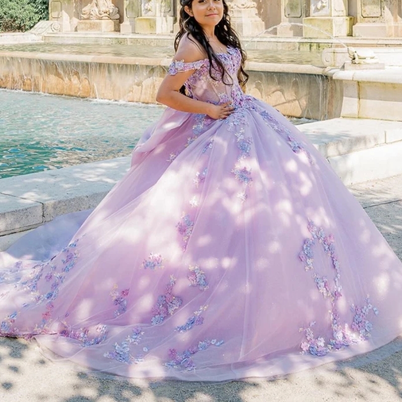Lavender Shiny Princess Quinceanera Dresses Ball Gown Off The Shoulder Applique Lace Beads Tull Sweet 16 Dress Vestidos 15 De Anos