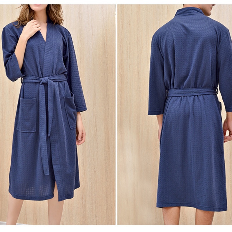Couples Spring Autumn Waffle Bathrobe Pamas For Women And Men With Waistband Pockets Nightrobe Long Sleeve V-Neck Solid Loose