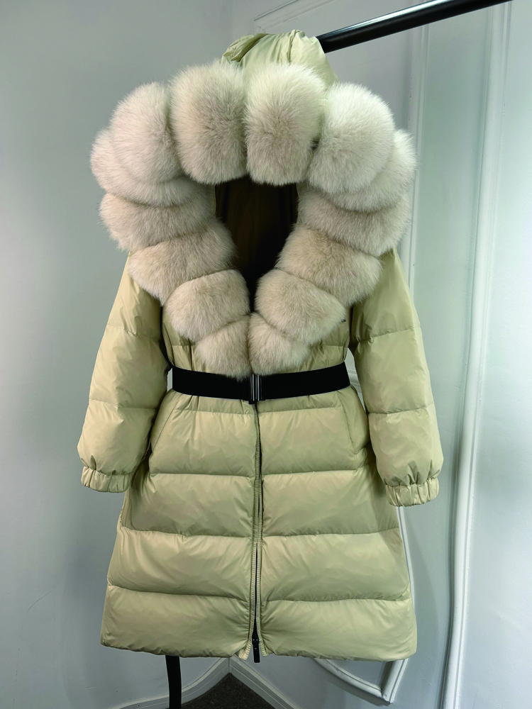 Janveny New Natural Thick Warm 90% White Duck Down Coat Long Winter Jacket Women Real Big Fox Fur Collar Belt Loose Puffer Parka