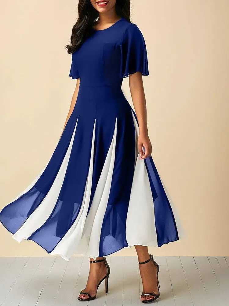 Plus Size Dress for Women Chiffon Patchwork Short Sleeve Casual Tunic Midi Dress Striped A-Line Round Neck Elegant Vintage Dress M240924