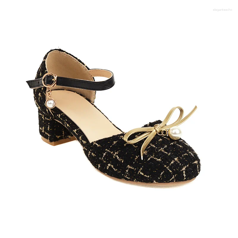 2025 S Fashion Designer Sandals Women Classic Lolita Sweet Lace Round Toe Bows Buckle Med Heeled Girls Mary Janes Pumps Princess Dress Shoes