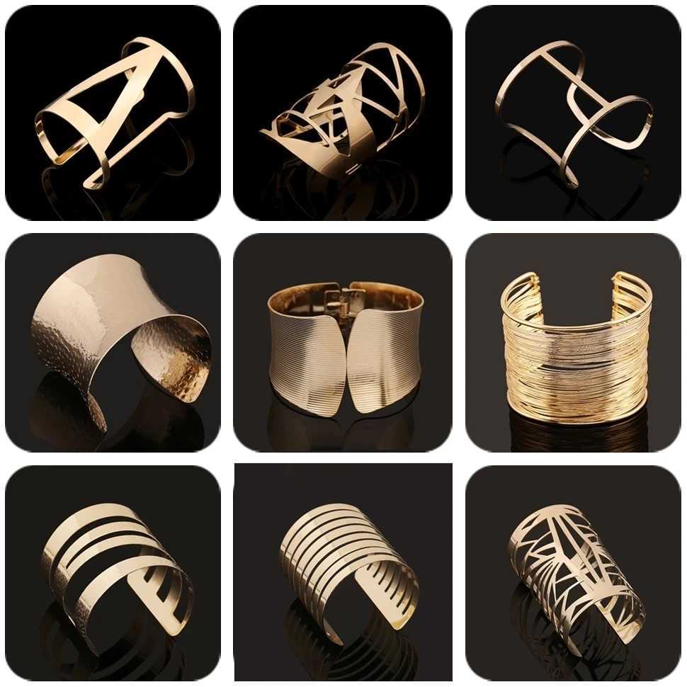 Gold Silver Color Hollow Wide Cuff Bracelets Bangles For Women Men Punk Geometric Alloy Open Big Bangle Bracelet Fashion JewelryX240925