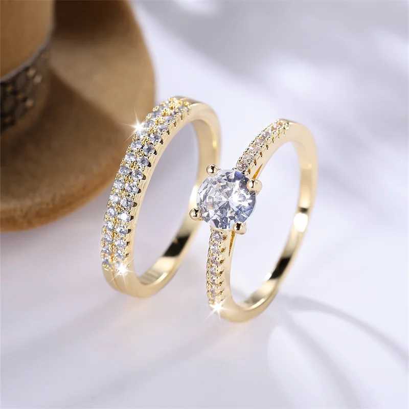 2 classic round ring sets suitable for women antique gold white zircon stacked couple rings bridal wedding rings party jewelry CZ W240925