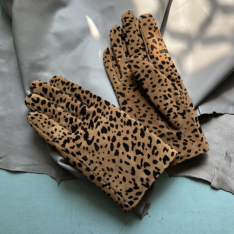 Suede leather gloves women's short leopard print leather gloves men's same style driving motorcycle gloves Spring and autumn gloves