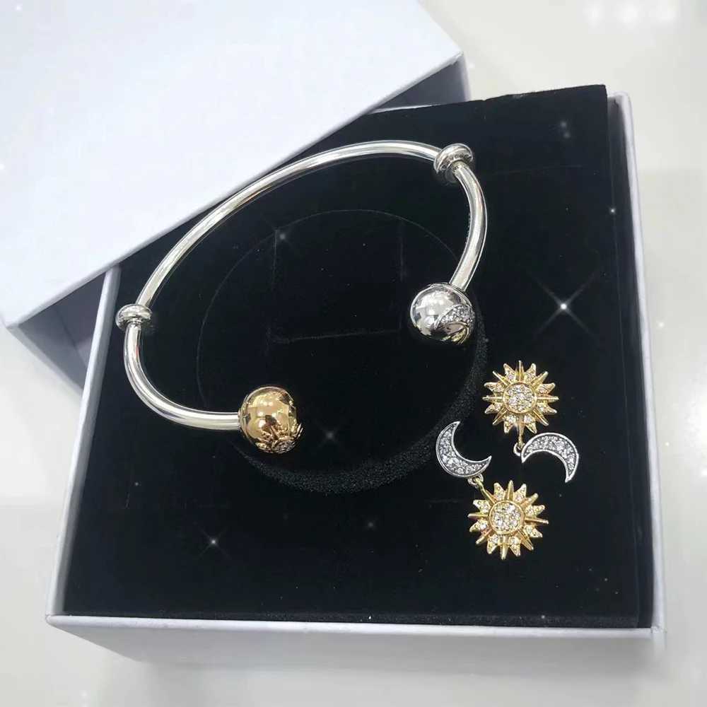 Authentic Silver Sun Moon Open Bangle Cuff Bracelets 925 Silver Charms DIY Women Party Fine Jewelry GiftsX240925