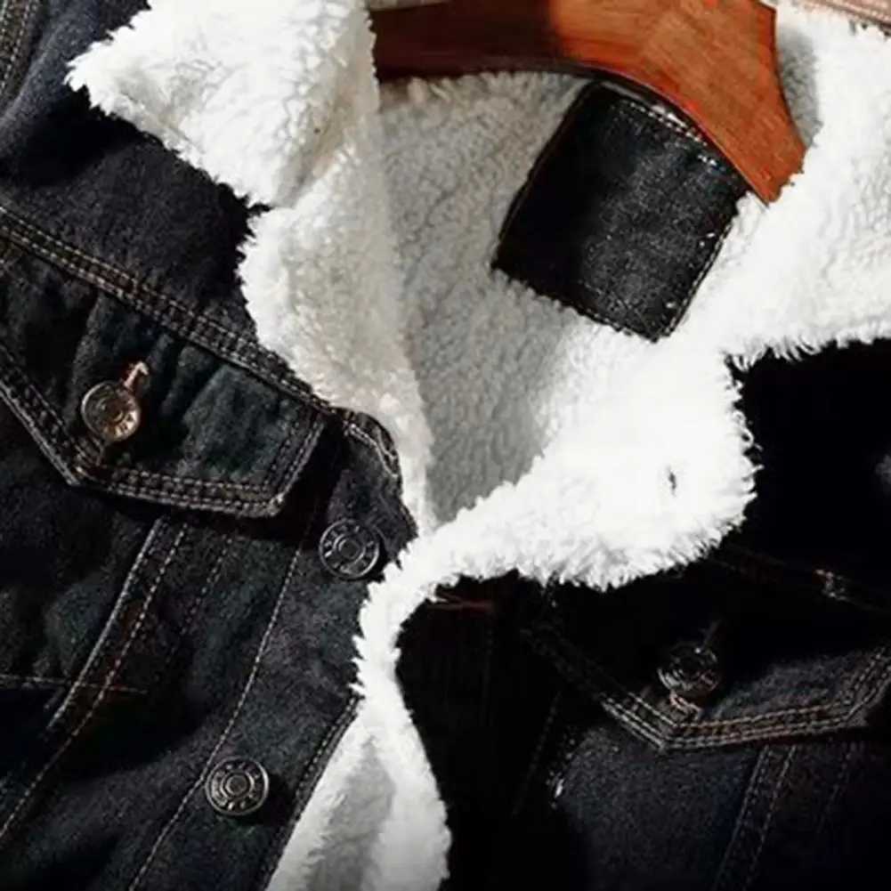 Mens denim jacket with thick cashmere lining solid color cold resistant jacket winter single chest denim jacket Y240925