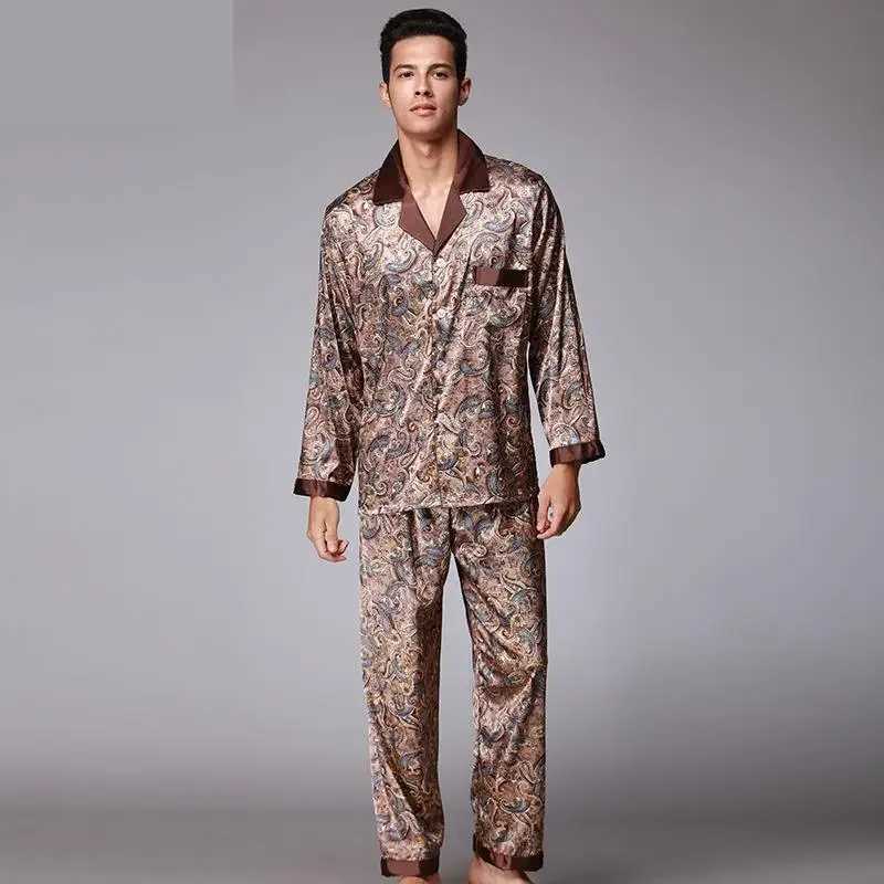 Sleepwear New Luxury Pajamas Men Paisley Pattern Slpwear Silk Long-slved Satin Mens Pyjamas Mens Lounge Pajamas Set Plus Size 4XL Z240925