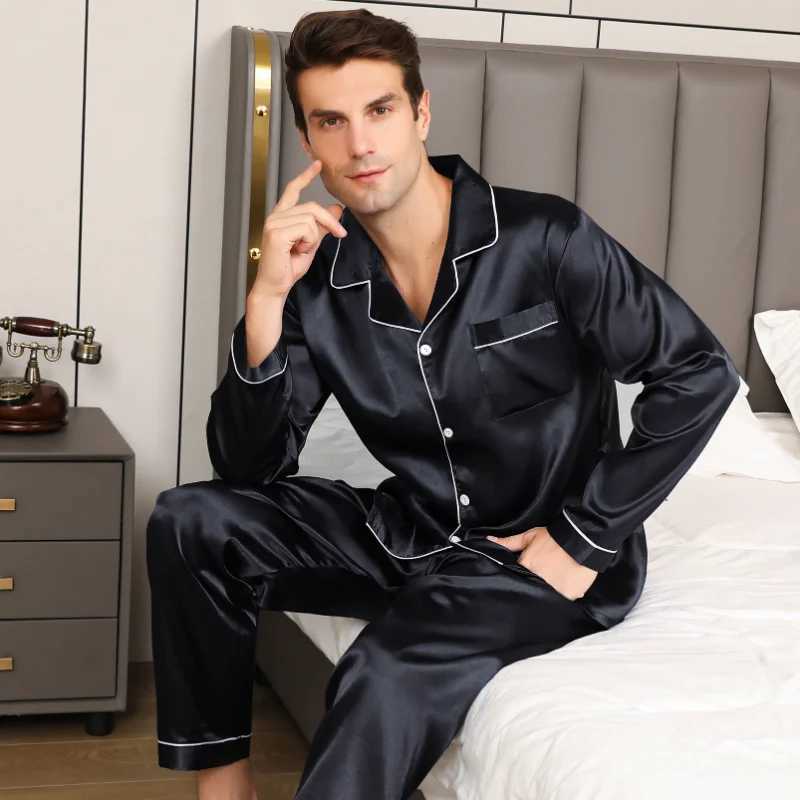Mens Pajamas Suit Summer Ice Silk Slpwear Shr Thin Long-Slved Loose Large Size Loungewear Suit Silky Satin Nightwear M240925
