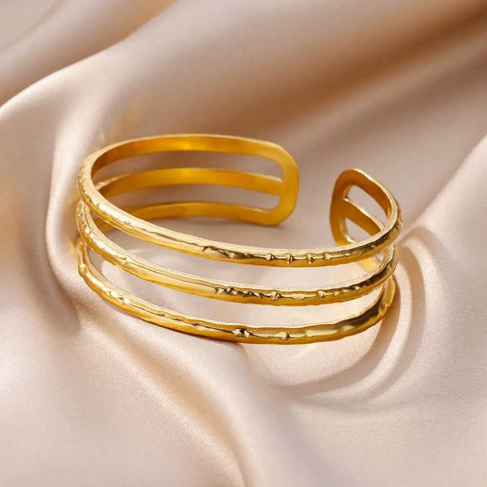 Three Layer Opening Stainless Steel Bangles for Women Retro Gold Color Bracelet Cuff Bangle Aesthetic Jewelry Pulseras GiftsX240925