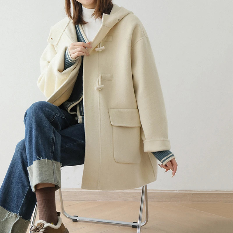 Womens wool button pocket cardigan long sleeved solid loose casual office jacket womens autumn and winter thick warm hooded sweatshirt 240925