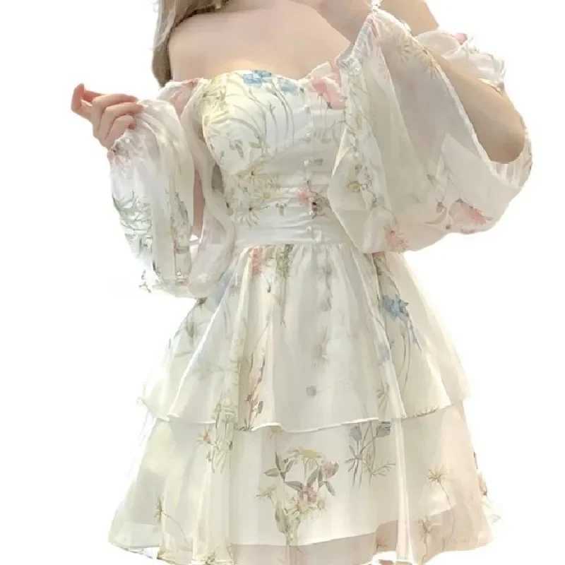 French Elegant Floral Mini Dress Chiffon Long Sleeve Evening Party Dress Women Holiday Beach Boho Fairy Dress Korean Y2k M240924