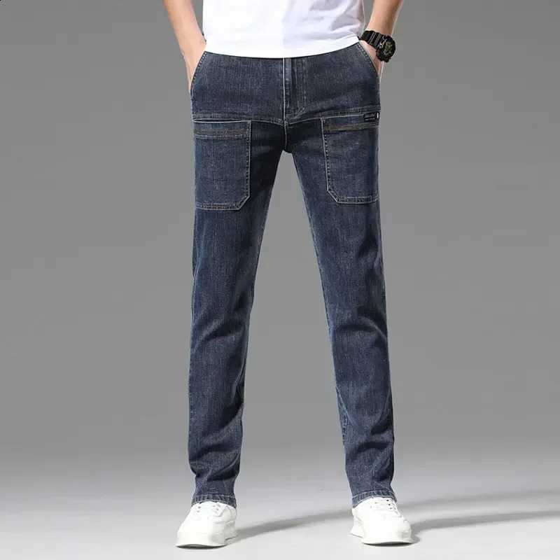 Mens cargo pants ultrathin elastic jeans with multiple pockets fashionable streetwear ner slim mens denim Trouser clothing blue and black 240925