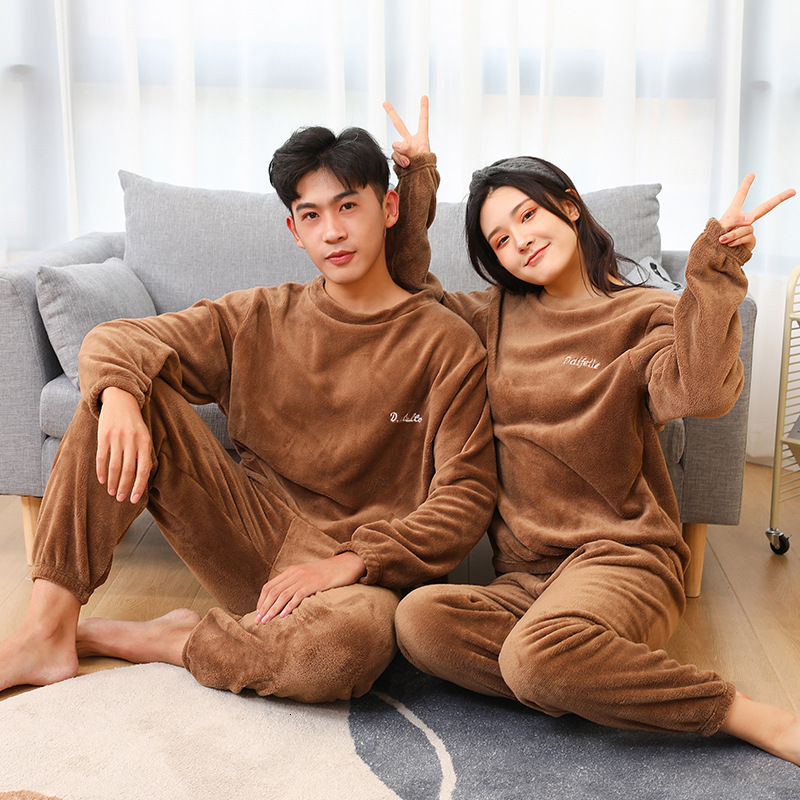 2024 new autumn and winter coral fleece Pamas thickened warm men's and women's long sleeved pants couple home clothes
