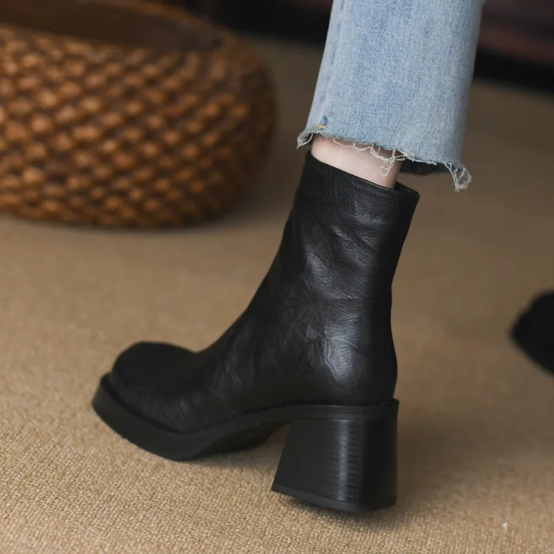 Platform Boots Square Heel Street Style Winter Shoes Womens Toe Denim Casual Spring and Autumn Side Zipper 241028