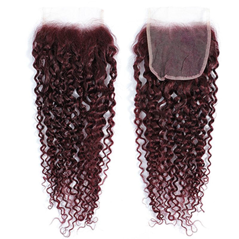 99J Burgundy Malaysian Indian Brazilian 100% Human Hair Kinky Curly 3 Bundles With 4X4 Lace Closure 4 Pieces/lot Free Part