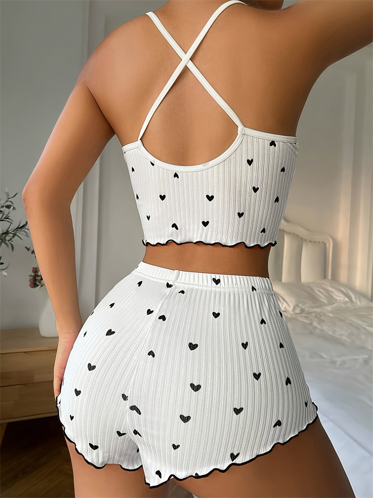 Heart Print Ribbed Frill Trim Pama Set, Cute Bow Notched Neck Cross Strappy Backless Crop Cami Top & Elastic Shorts, Women's S