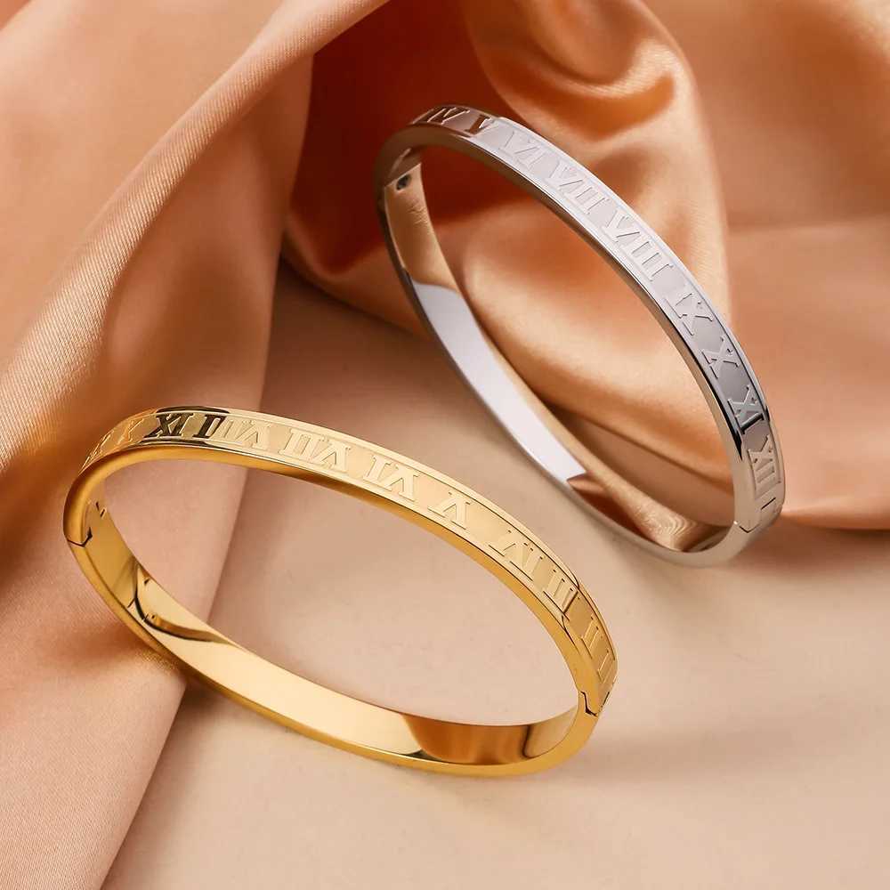 Simple Stainless Steel Greek Numerals Gold Color Cuff Bangles Roman Language Fashion Open Buckle Bracelet Fashion Women JewelryX240925