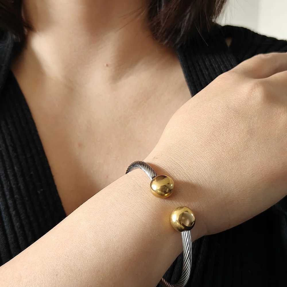 Double Round Ball Bangles for Women Stainless Steel Twisted Textured Opening Adjustable Bracelets Jewelry Valentines Day GiftsX240925