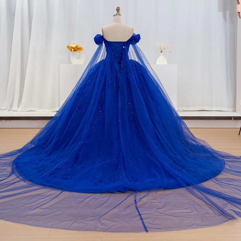 Royal Blue Quinceanera Dresses Sweet 16 Dress Off The Shoulder Sequined Lace Beaded Crystal Tull Graduatin Party vestidos 15 De Anos