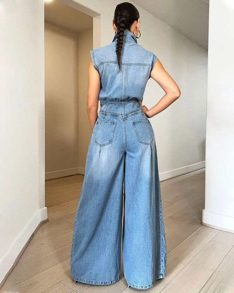 Sexy womens wide leg jeans elegant collar denim loose jumpsuit 240925