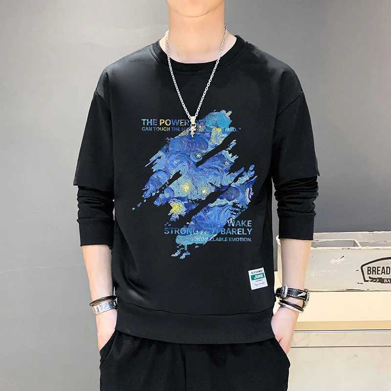 Spring Autumn Round Neck Fashion Long Sleeve Sweatshirts Man High Street Casual Loose Printing Pullovers Street All-match TopsX240925