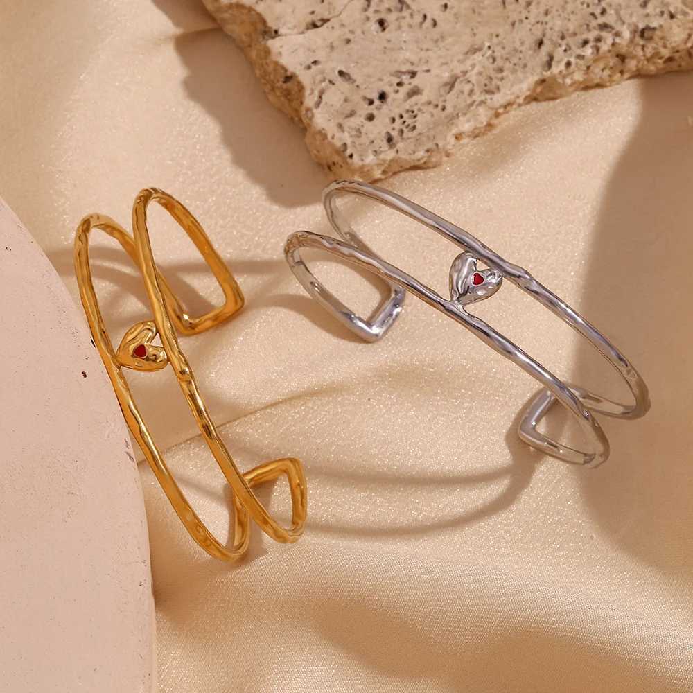 E.B.belle Double Layer Hollow Red Enamel Heart Open Bracelet 18K Gold Plated Bracelet for Women 316L Stainless Steel JewelryX240925