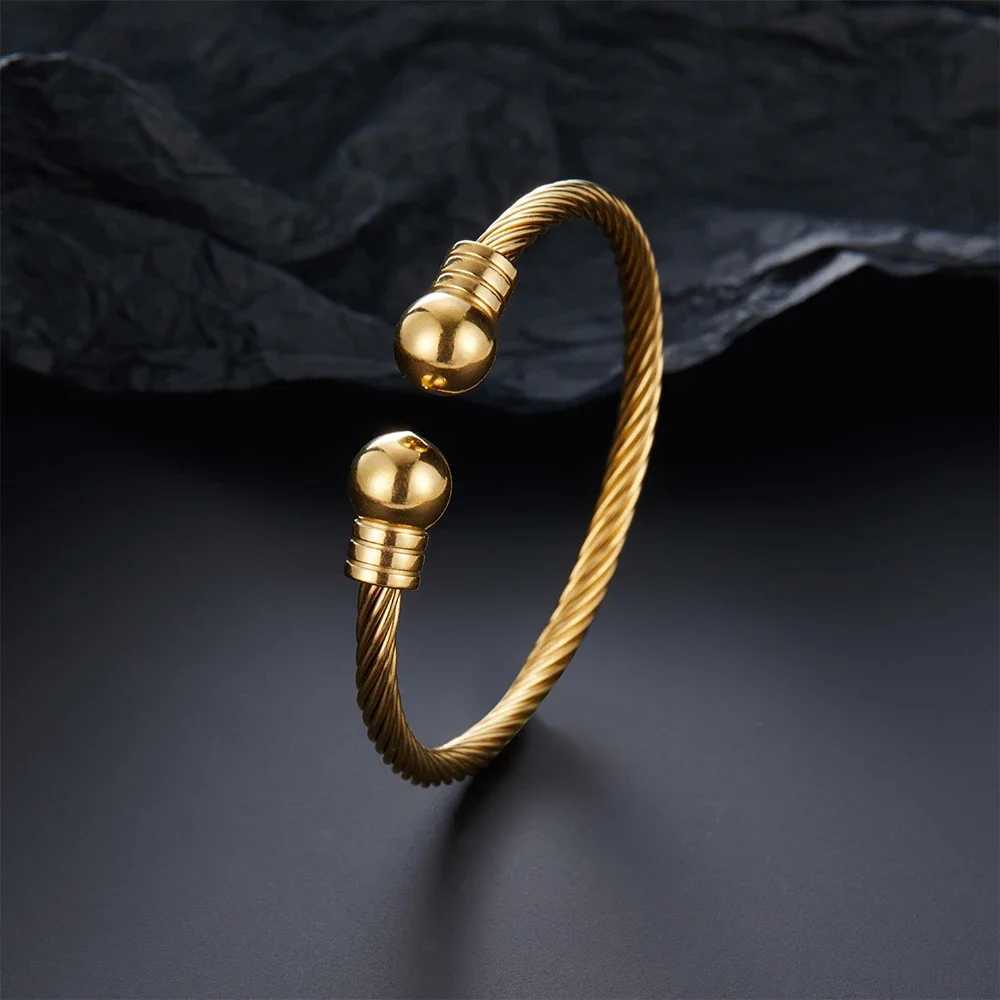 Men Double Ball Shaped Open Bangle Stainless Steel Jewelry Twisted Steel Cable Texture Cuff Bracelet Birthday Gift for BoyfriendX240925