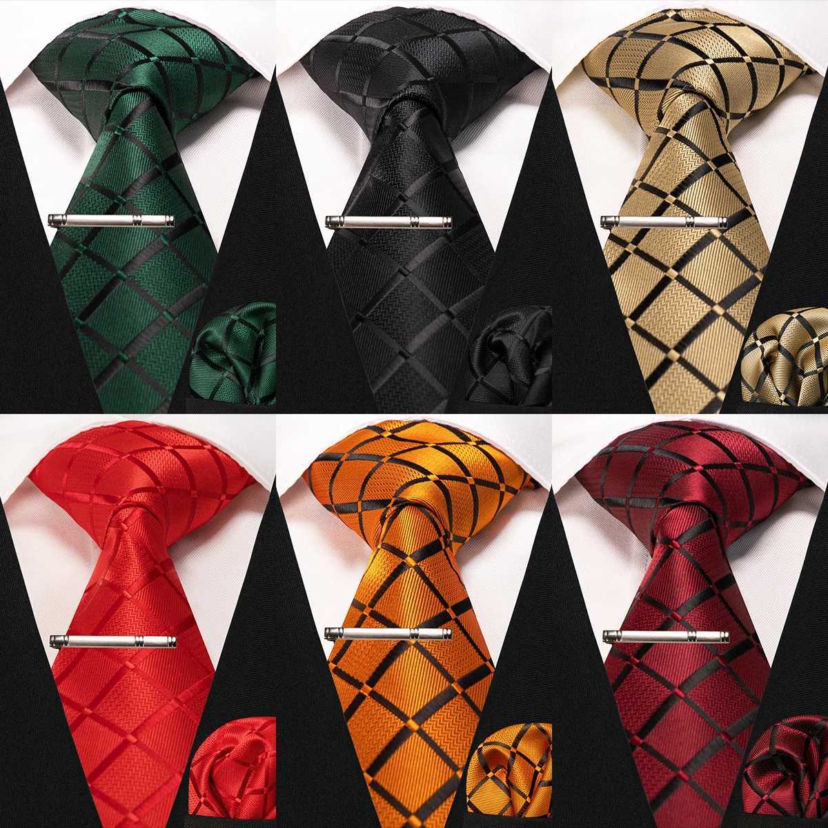 JEMYGINS New Fashion Black Plaid Mens Tie 8cm Silk Business Necktie Handkerchief Tie clips set Wedding Party Tie Gift For Men X250407