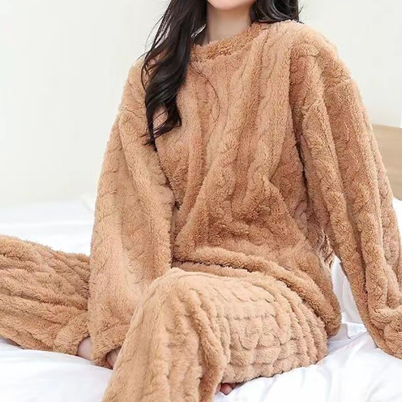 Autumn Solid Warm 2 Piece Thicken Veet Ribbed Fleece Set Pullover And Pants Women Casual Pama Sets 2023