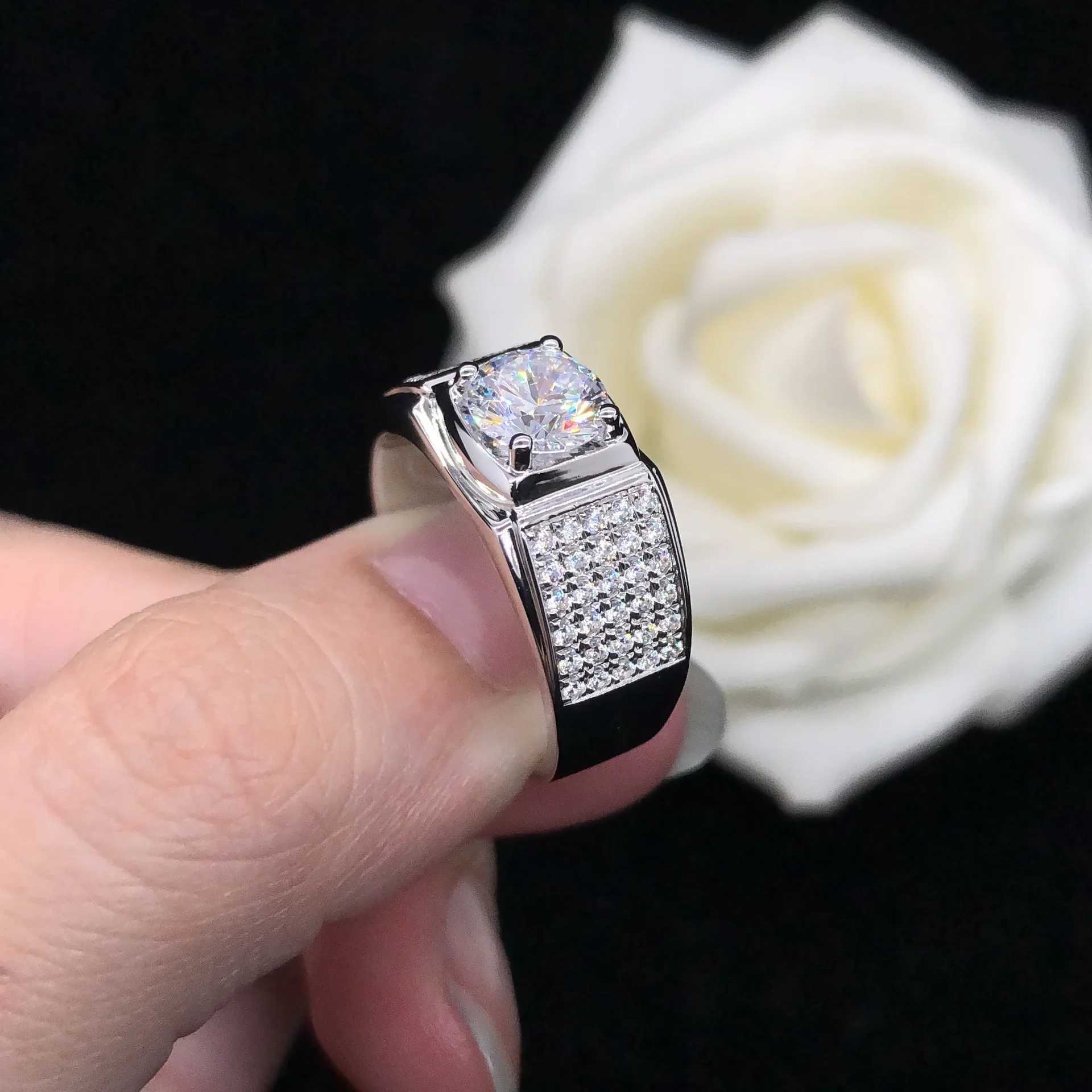 Solid 14K white gold AU585 white gold PT950 Mo silica diamond ring atmospheric mens ring mens ring width W240925