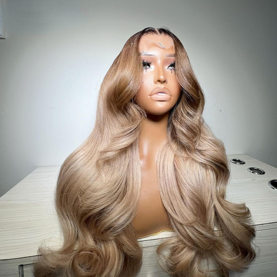 Peruvian Hair Highlight Ash Colored 13X4 HD Lace Frontal Wig Body Wave Ombre Blonde With Brown Roots Synthetic Closurewigs