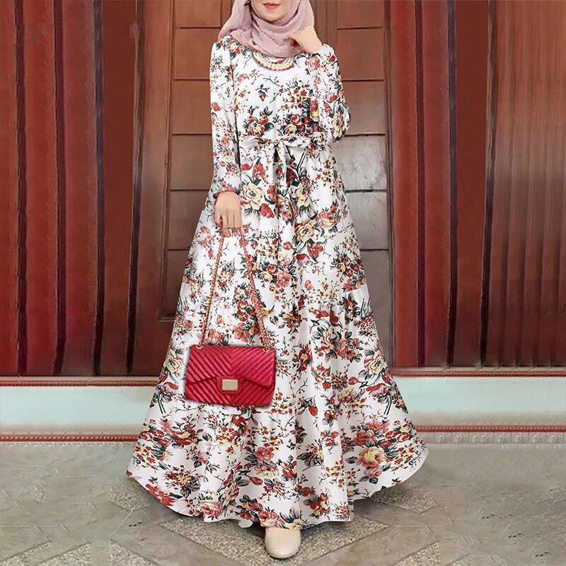 New long robe printed sun skirt elegant ral Muslim dress belt