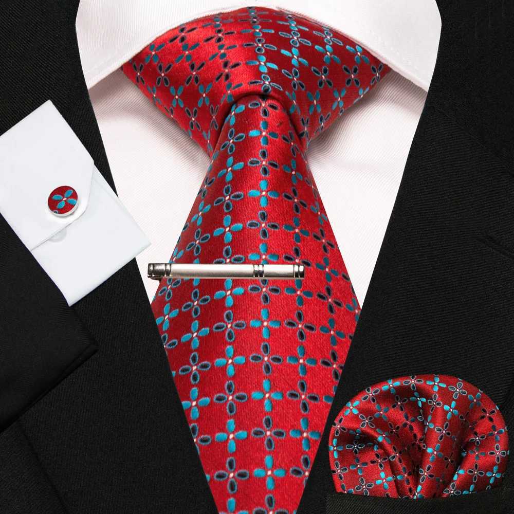 KAMBERFT New Classic Silk Mens Tie Red Gold Stripe Mens Tie Handle Cufflinks Set Wedding Business Party Gravatas Y240925
