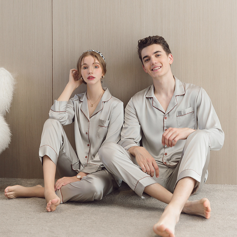 Ice Silk Couple Pamas Men Women Summer Long Short Sleeve Cardigan Lapel Suit Thin SatinPlus Size Home Cloth Nightwear Male