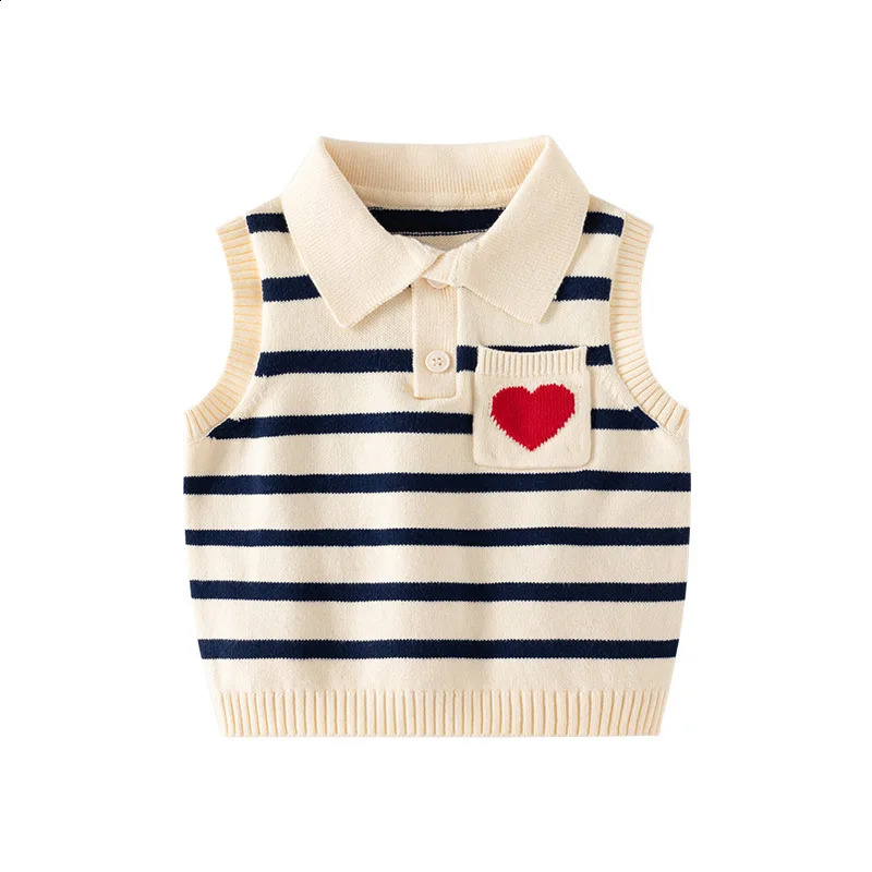 Spring Autumn Children Girls Polo Vest Red Heart Cotton Pocket Baby Girls Waistcoats Striped Elastic Hem Kid Girls Knitwear 240921