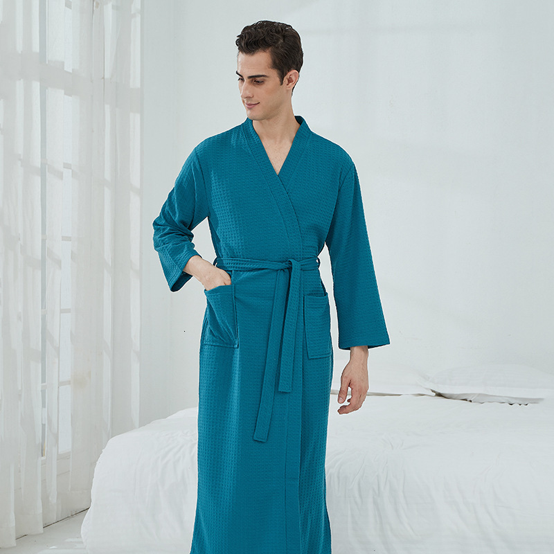 Couples Spring Autumn Waffle Bathrobe Pamas For Women And Men With Waistband Pockets Nightrobe Long Sleeve V-Neck Solid Loose