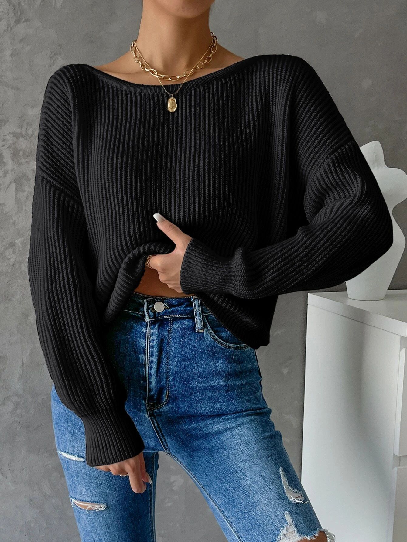 Women's Long Sleeve Backless Sweater - Casual Round Neck Solid Color Knit Top For Fall & Winter